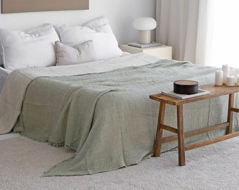 Soft Cotton Blanket, Oversize King Muslin Bedspread, Green Lightweight Blanket, Boho Coverlet