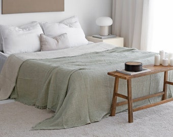 Muslin Throw Blanket Queen, Muslin Cotton Bedspread King, Gauze Cotton Blanket, Oversize Large Blanket, Green Muslin Coverlet, Sage Green