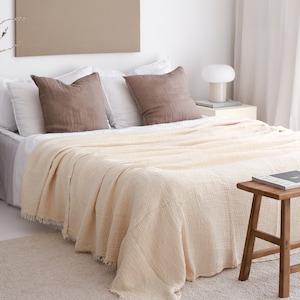 Turkish Cotton Bedspread, Gauze Throw Blanket, Lightweight Summer Blanket, Oversize King Bedspread Cream, Natural Solid Color Coverlet
