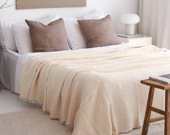 Organic Muslin Throw Blanket, 4 Layered Gauze Bedspread, Muslin Bedspread Queen, Soft Cotton Throw Blanket, Lightweight Summer Bed Coverlet