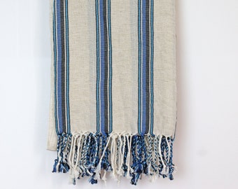 Nappe en lin et coton - couverture de plage en coton, serviette à rayures bleues et vertes, serviette de plage tissée à la main - cadeau de pendaison de crémaillère, serviette de bain en lin