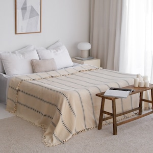 Organic Cotton Bedspread Queen, Oversize King Bed Spread, Soft Warm Tassel Throw Blanket, Turkish Cotton Blanket, Full Bed Cover, Mom Gift