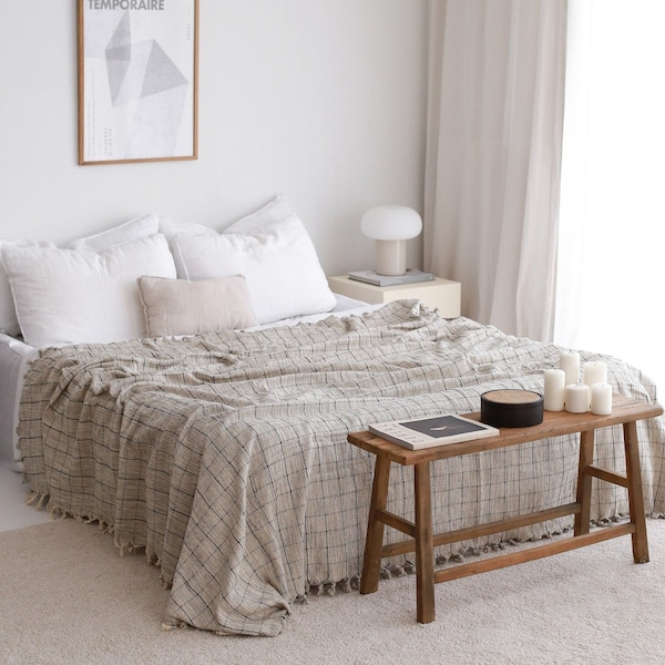 Couvre-lit en coton ramolli, grand couvre-lit surdimensionné très grand lit, jeté de coton bio, couvre-lit queen-size, grande couverture à pampilles chaudes, carreaux