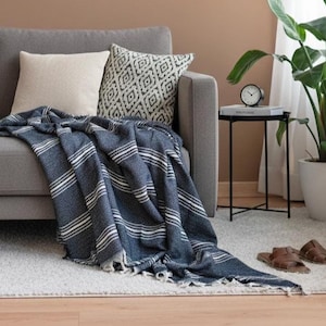 Può includere: Un divano grigio con cuscini e una coperta a righe blu e bianche. Un tavolino con un orologio e libri, e una pianta in vaso sullo sfondo. Sandali in pelle marrone sul pavimento.