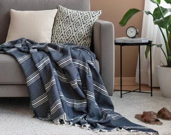 Soft Organic Cotton Throw Blanket, Navy Couch Cover, King Sofa Coverlet, Turkish Cotton Bedspread