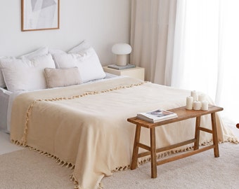 Turkish Cotton Bedspread, Boho Bed Throw Blanket, Cream Bed Cover
