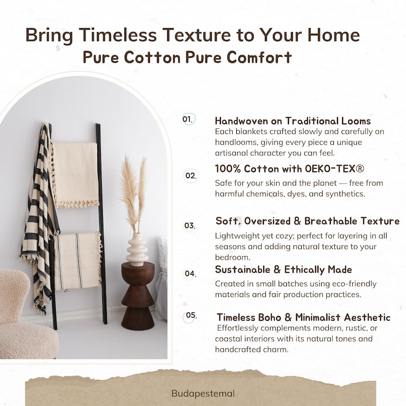 Puede incluir: Una escena de decoraci&oacute;n del hogar con una escalera negra que muestra dos mantas de algod&oacute;n con dise&ntilde;os a rayas y lisos. Tambi&eacute;n hay un taburete de madera y un jarr&oacute;n con plantas secas. El texto dice "Bring Timeless Texture to Your Home."