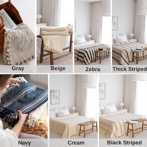 May include: Ten different throw blankets in various colors and patterns, including gray, beige, zebra, thick striped, navy, cream, and black striped. The blankets are shown on beds and a chair.