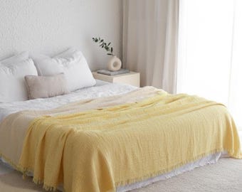 Yellow Muslin Bedspread, Lightweight Summer Blanket, Soft Cotton Throw Blanket
