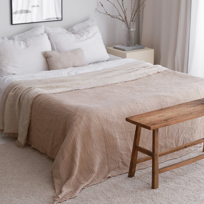 Oversize muslin bedspread is large and soft. Soft king queen muslin blanket is breathable and lightweight blanket. 
Gauze blanket has 4 layers. Organic cotton throw is all season blanket. Light brown blanket is great for mother day gift.