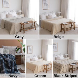 May include: A set of four throw blankets in different colors and patterns. The blankets are shown draped over beds in a minimalist bedroom setting. The colors are gray, beige, navy blue with white stripes, and cream with white pom-poms.