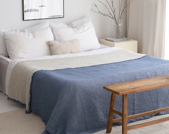 Lightweight Summer Muslin Throw Blanket, Softened Cotton Bedspread with Tassel, Muslin Bedspread Queen, Oversize Large Blue Bed Coverlet