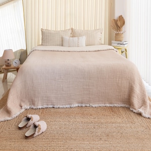 Cubrecama de algodón beige suave, cubrecama tamaño king, manta de muselina de gasa, cubrecama orgánico, regalo para el hogar