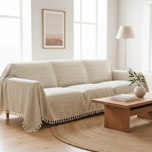 May include: A neutral-toned sofa with a textured cover and a fringed throw. A round jute rug sits on the floor. A wooden coffee table and a framed picture are also in the room. The room has a minimalist, modern aesthetic.