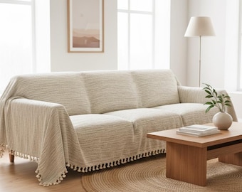 Organic Sofa Couch Cover, Cotton Throw Blanket, Large Bed Cover, Boho Modern Decor