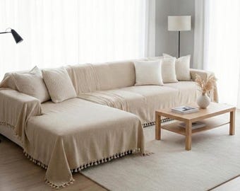 Loose Fit Sofabezug aus Baumwolle, neutraler beige Couchbezug, entspannter Stil, modernes Bauernhausdekor
