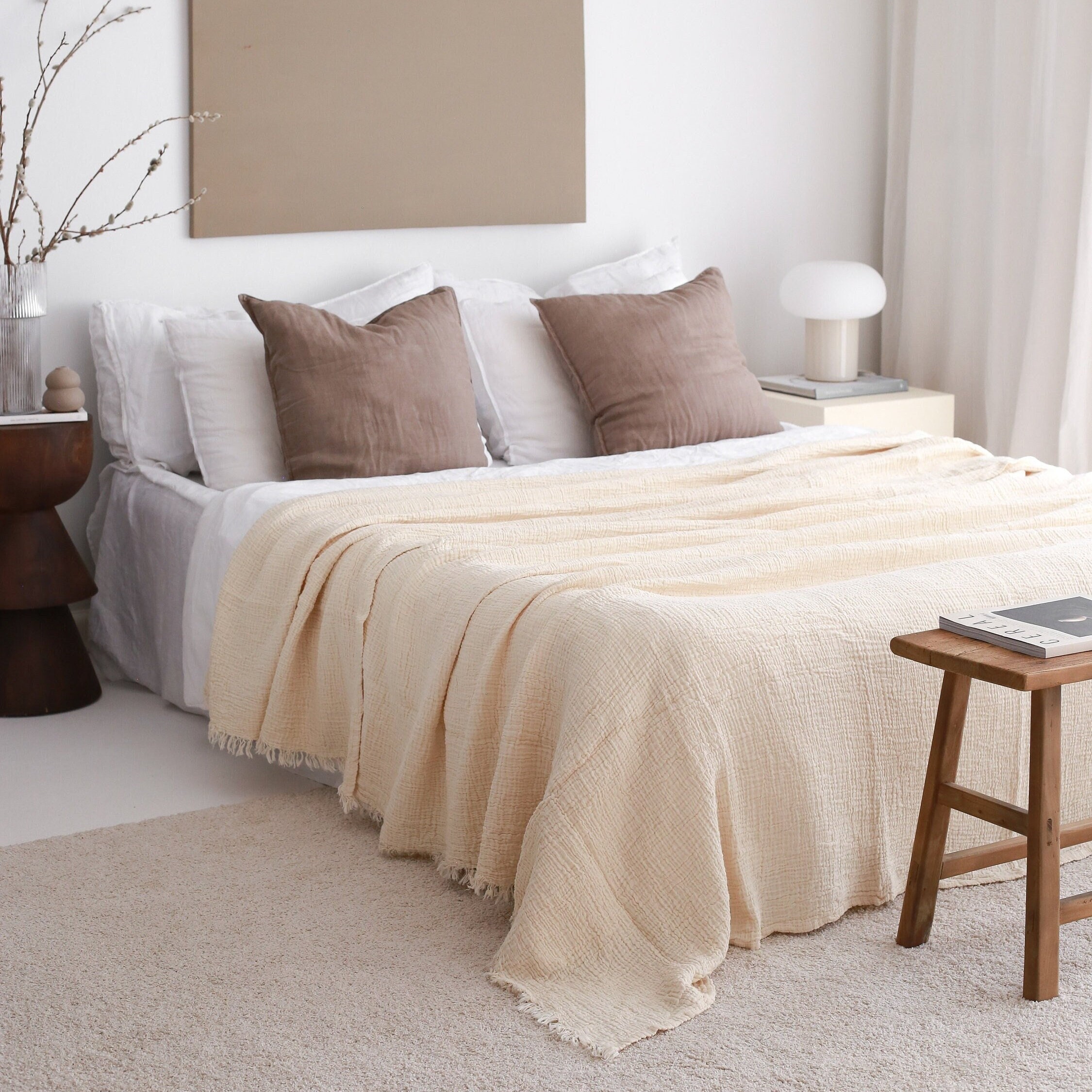 Cream Cotton Bedspread, Super Soft Blanket, Organic Cotton Throw, Muslin Bedspread Twin Queen, Summer Lightweight Blanket, Gift For Mom Wife