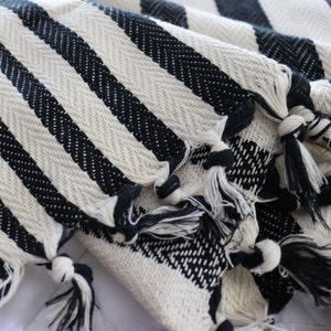 May include: Black and white striped throw blanket with fringe tassels. The blanket is made of a soft, woven fabric.