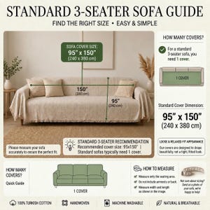 May include: A beige 3-seater sofa cover guide featuring text and diagrams. The main image shows a beige sofa with a fringe edge. Text includes 'STANDARD 3-SEATER SOFA GUIDE', 'SOFA COVER SIZE: 95" x 150" (240 x 380 cm)', and 'HOW TO MEASURE' instructions.