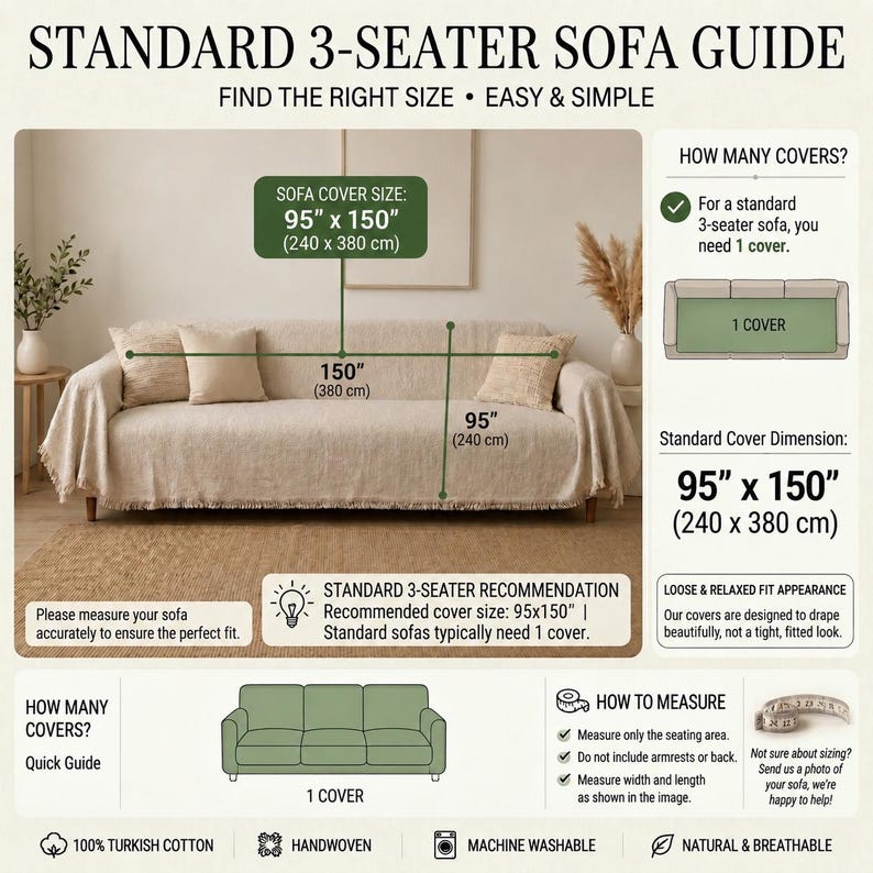 May include: A beige 3-seater sofa cover guide featuring text and diagrams. The main image shows a beige sofa with a fringe edge. Text includes 'STANDARD 3-SEATER SOFA GUIDE', 'SOFA COVER SIZE: 95" x 150" (240 x 380 cm)', and 'HOW TO MEASURE' instructions.