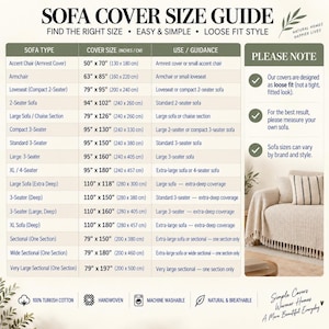 May include: A sofa cover size guide chart featuring a table with columns for sofa type, cover size in inches and centimeters, and usage guidance. The chart includes a section for notes and a small image of a beige sofa with a textured throw cover.
