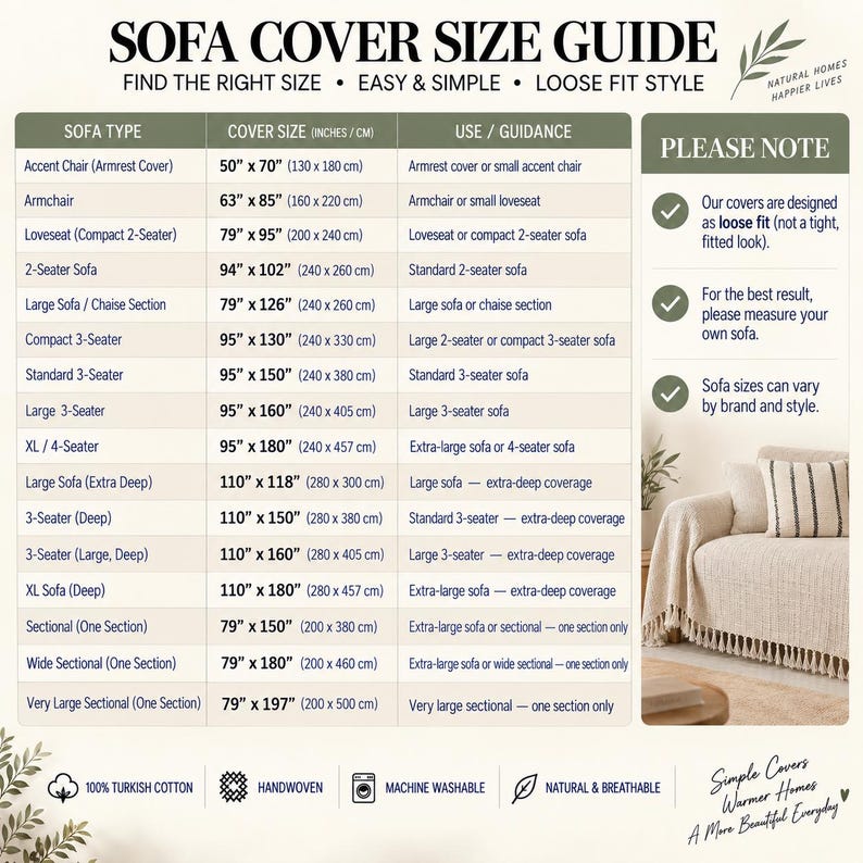 May include: A sofa cover size guide chart featuring a table with columns for sofa type, cover size in inches and centimeters, and usage guidance. The chart includes a section for notes and a small image of a beige sofa with a textured throw cover.