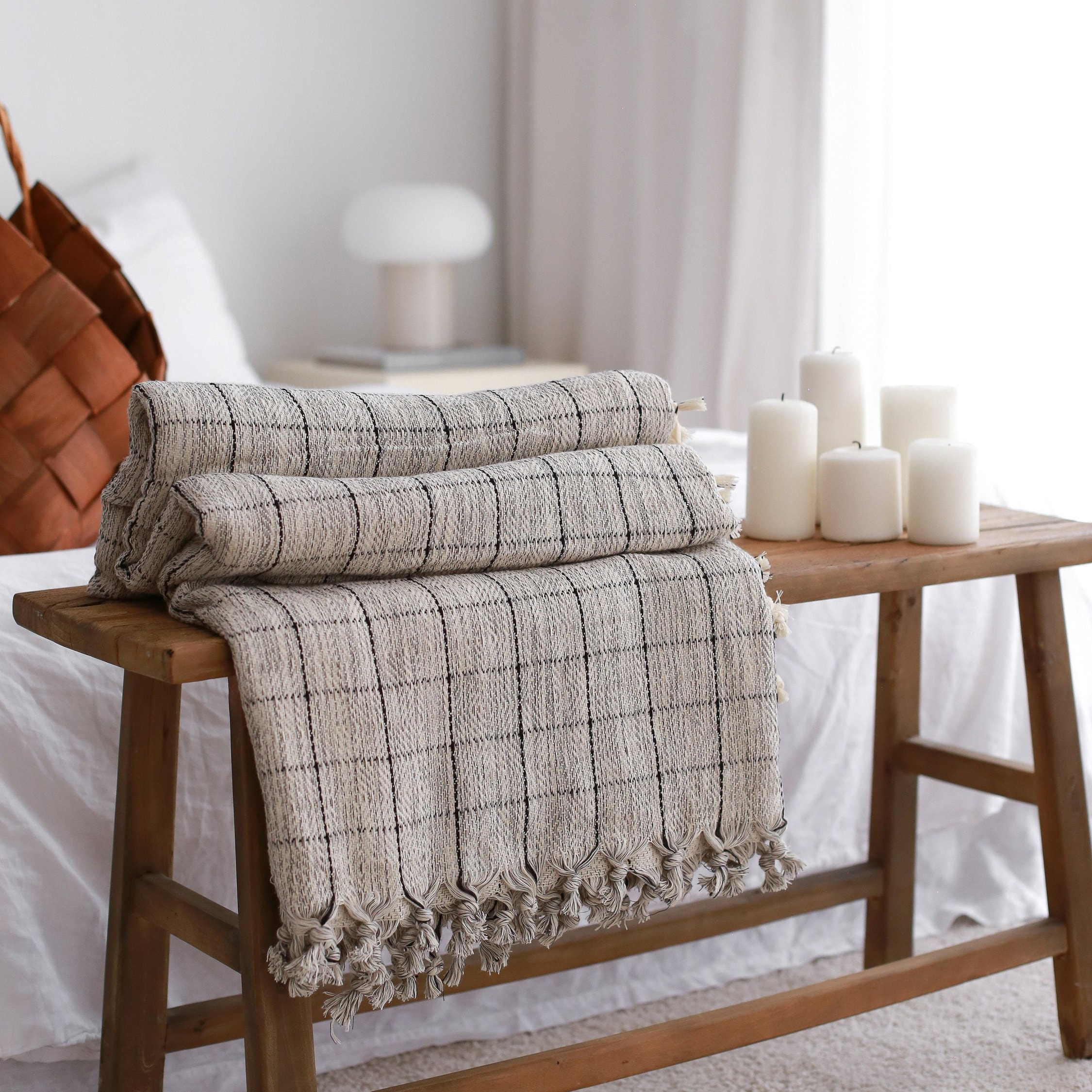 Grey Plaid Throw Blanket Organic Cotton Coverlet Handwoven Etsy