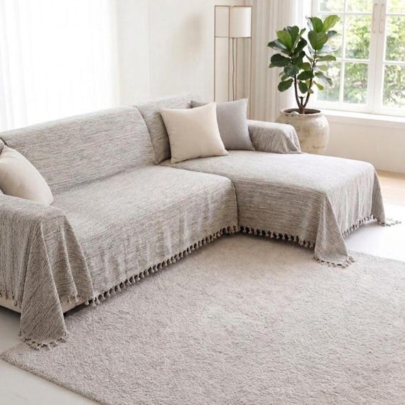 Sectional Couch Cover, Organic Cotton Sofa Cover, L Shaped Loose Fit Covers