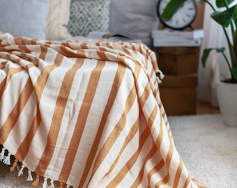 Zachte katoenen deken, biologische sprei, koningin, volledige bedovertrek, gestreepte katoenen deken, housewarmingcadeau, koningssprei, goudbruin