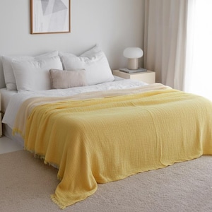 Muslin Bed Cover Queen, Yellow Cotton Bedspread, Organic Cotton Throw, Muslin Bed Coverlet