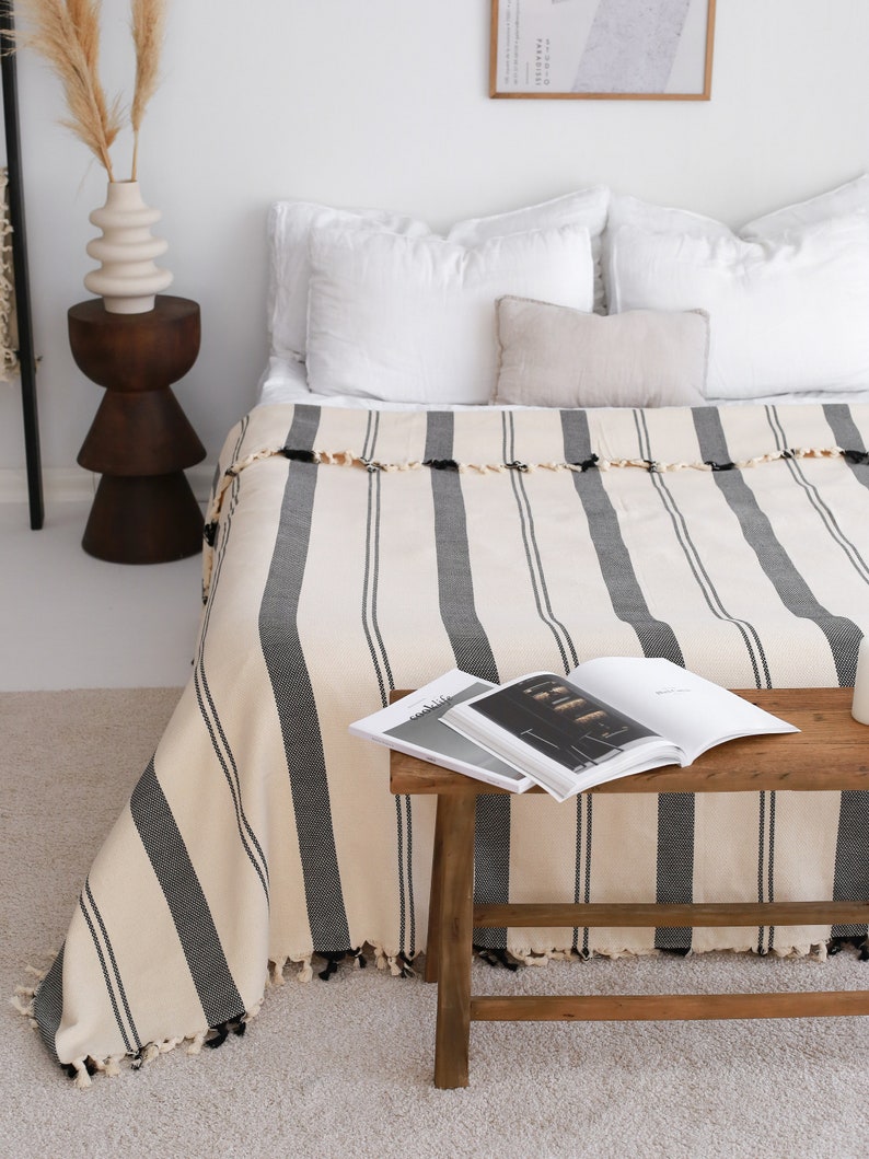 Soft Bedspread With Tassels White Striped Throw Blanket Etsy