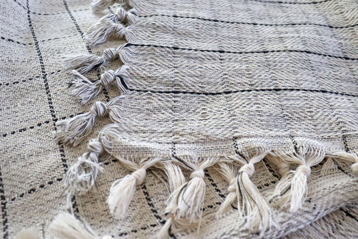 Grey Plaid Throw Blanket Organic Cotton Coverlet Handwoven Etsy