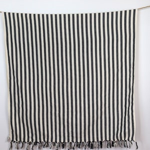 May include: Black and white striped throw blanket with fringe trim.