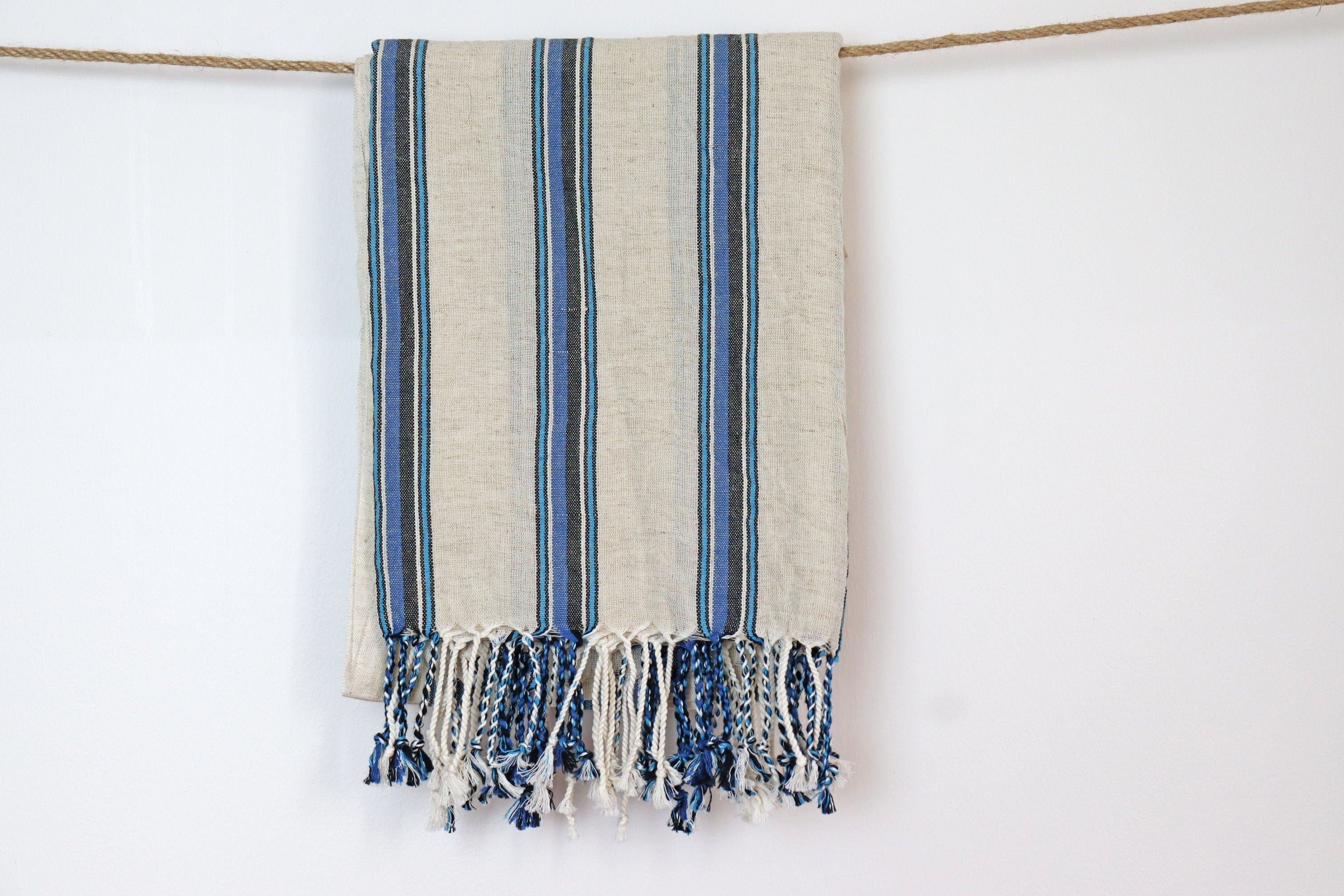 Linen Cotton Table Cloth - Cotton Beach Blanket, Blue Green Stripe Towel, Handwoven Beach Towel - Housewarming Gift, Linen Bath Towel