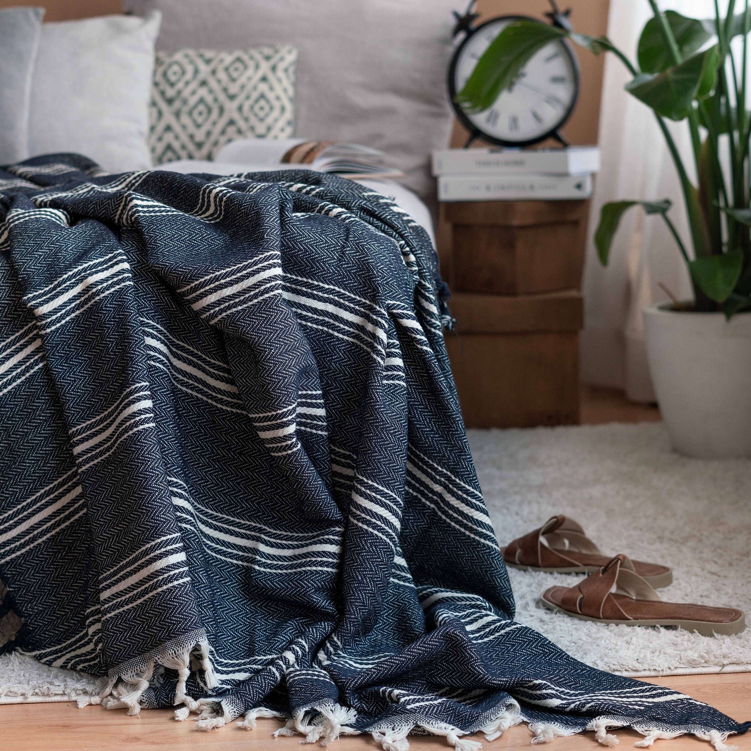 Navy Cotton Throw Blanket Soft Tassel Throw Blanket King Size Bedspread Turkish Cotton Throw Blanket Queen Size Bedspread Bed Coverlet Etsy