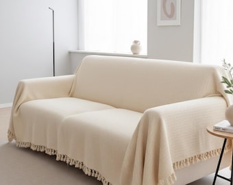 Organic Cream Sofa Cover, Cotton Couch Cover, Bed Throw Blanket, Chenille King Bedspread