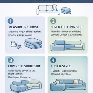 May include: An instructional infographic titled HOW TO COVER A L-SHAPED SOFA with two sofa covers. It features four numbered steps: 1. Measure and choose, 2. Cover the long side, 3. Cover the short side, 4. Tuck and style. Includes illustrations of sofas.