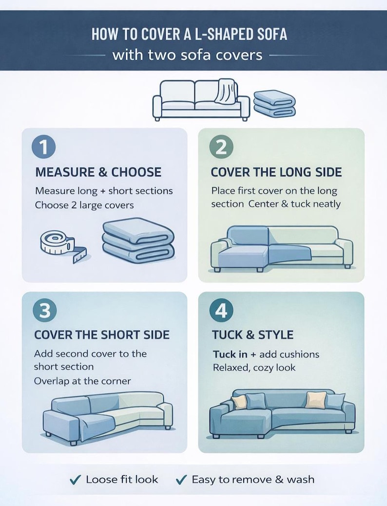 May include: An instructional infographic titled HOW TO COVER A L-SHAPED SOFA with two sofa covers. It features four numbered steps: 1. Measure and choose, 2. Cover the long side, 3. Cover the short side, 4. Tuck and style. Includes illustrations of sofas.