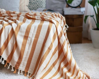 Turkish Cotton Throw Blanket, Organic Boho Bed Throw Blanket, Soft Cotton Bed Cover