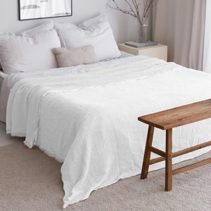 Soft White Muslin Throw Blanket, Lightweight Summer Bed Spread, Gauze Bed Coverlet Queen, Muslin Bedspread King, Oversize King Coverlet
