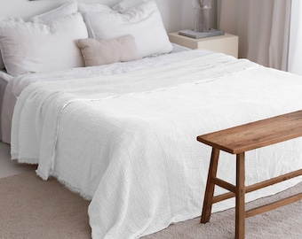 Soft White Muslin Throw Blanket, Lightweight Summer Bed Spread, Gauze Bed Coverlet Queen, Muslin Bedspread King, Oversize King Coverlet