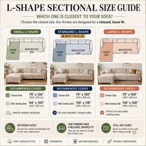May include: An L-shape sectional size guide infographic featuring three sofa categories: small, standard, and large. It displays diagrams of sofas with labeled chaise and main seating sides, alongside specific dimensions in inches and centimeters.