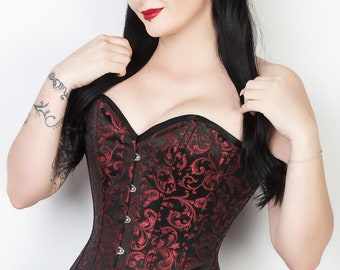 Red Brocade Lace Up Steel Boned Victorian Steampunk Gothic Overbust Corset Top Basque Bustier Waist Trainer Cincher Valentine Present Gift