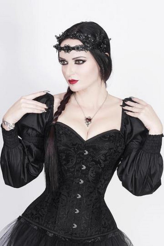 Black Brocade Gothic Goth Lace up Boned Steampunk Overbust Corset Top  Basque Bustier Victorian Waist Trainer Cincher Valentine Present Gift 