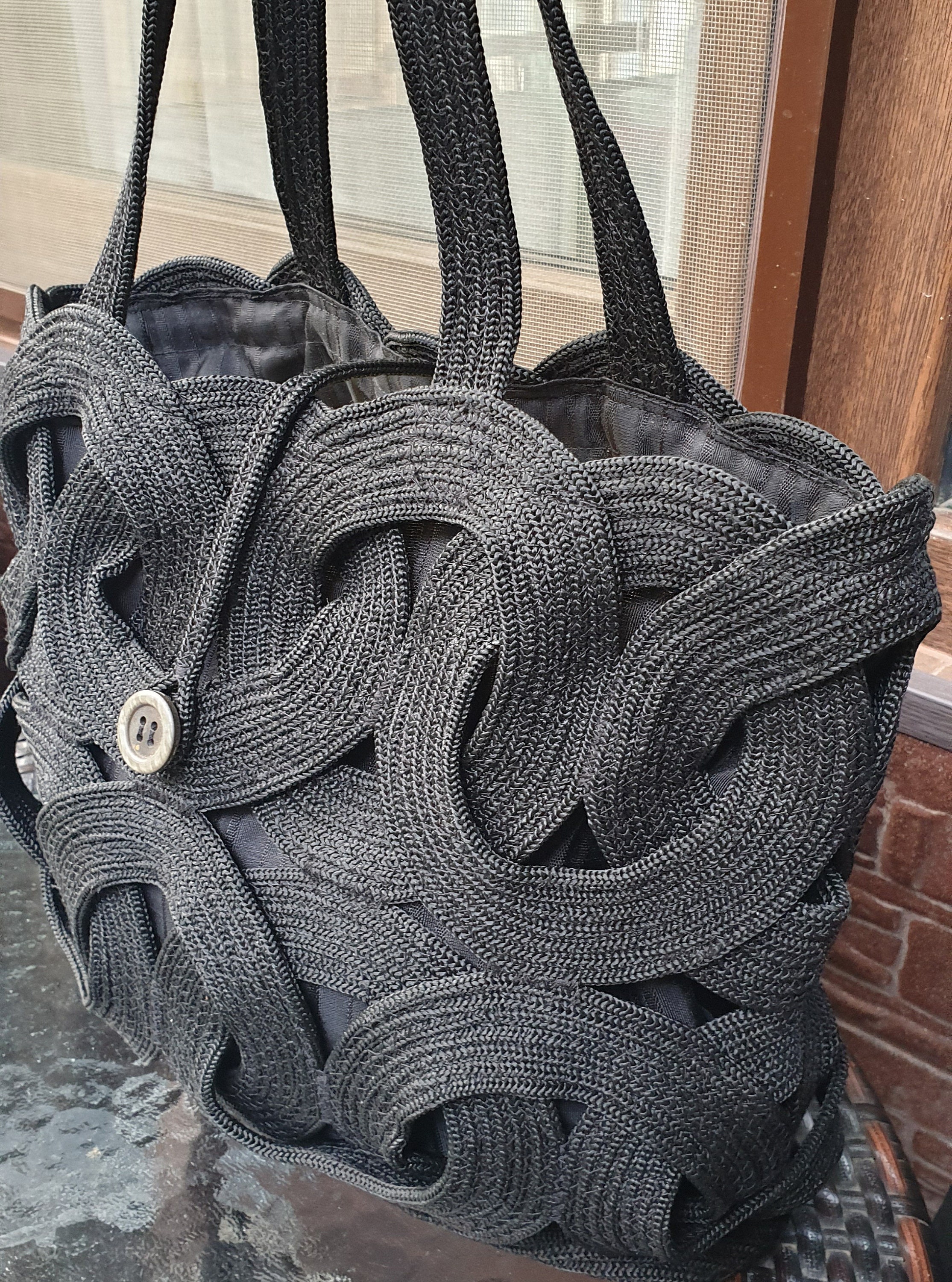 Black Handmade Rope Woven Bag, Handwoven Shoulder Bag, Evening Bag ...