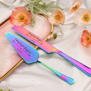 Personalized Colorful Engraved Gold Cake Knife & Server Set Cake Cutter Cutting Set Custom Wedding Cake Serving Set Wedding Cake Knife Colorful