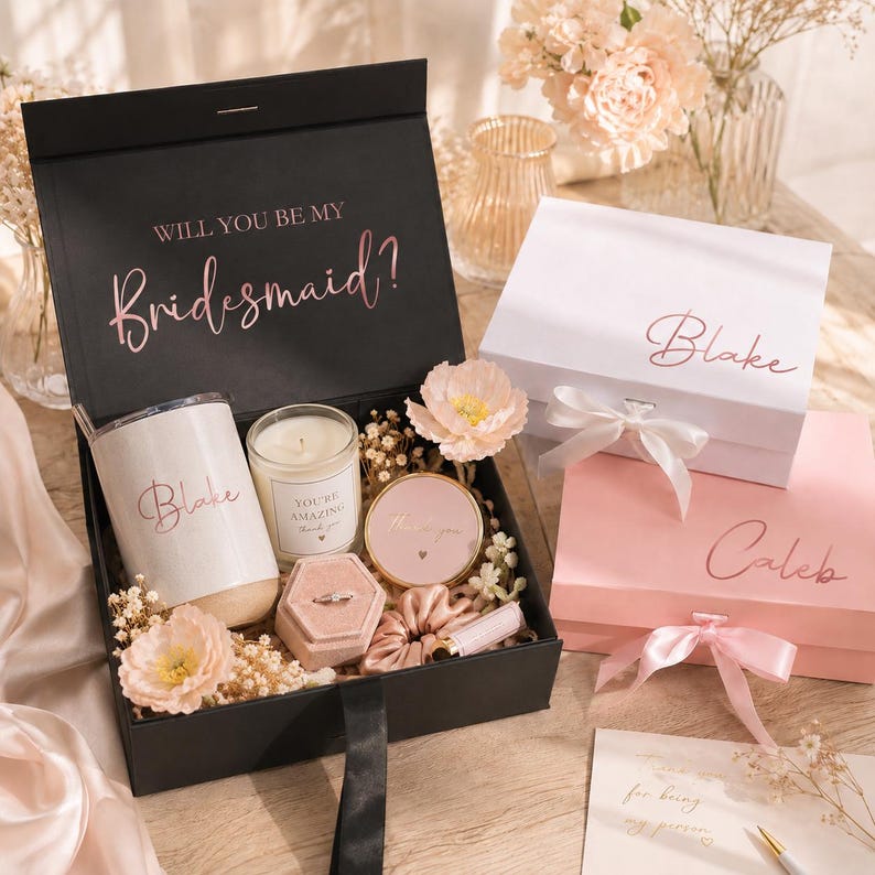 May include: A black gift box with the text "Will You Be My Bridesmaid?" in pink script. Inside, a tumbler, candle, ring box, and other gifts. Two white and pink boxes with names are also visible.