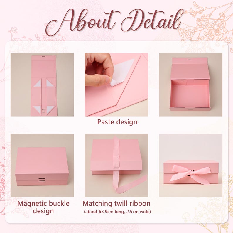 May include: A series of images showcasing a pink gift box with various features. The box has a magnetic buckle design, a matching twill ribbon (about 27.1 inches long, 1 inch wide), and a paste design. The text "About Detail" is at the top.
