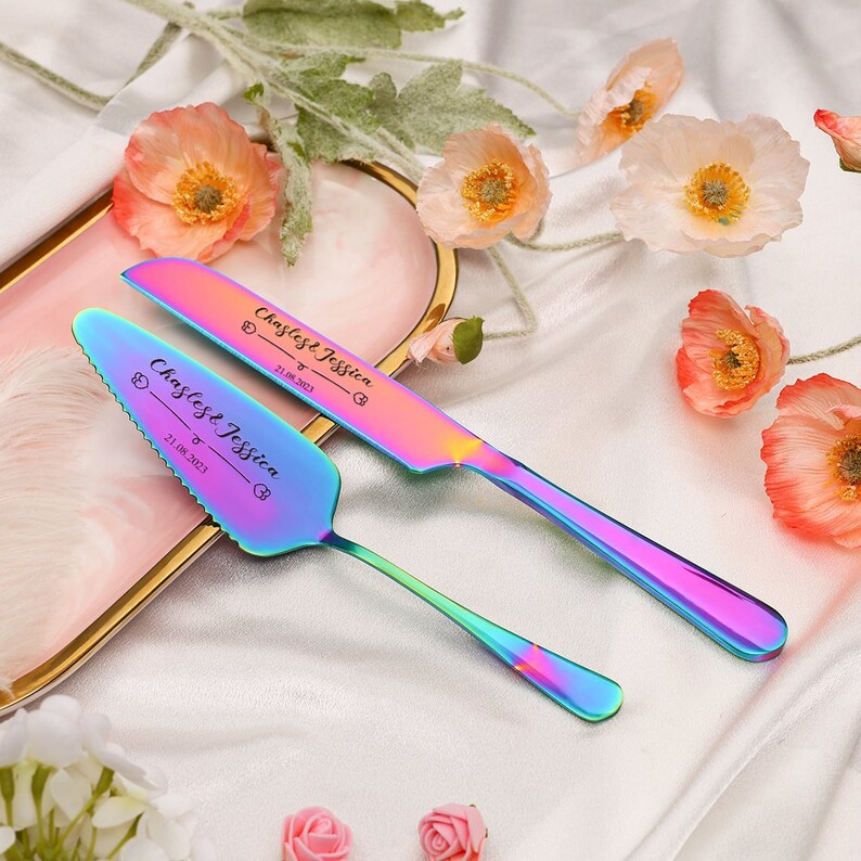 Personalized Colorful Engraved Gold Cake Knife & Server Set Cake Cutter Cutting Set Custom Wedding Cake Serving Set Wedding Cake Knife Colorful