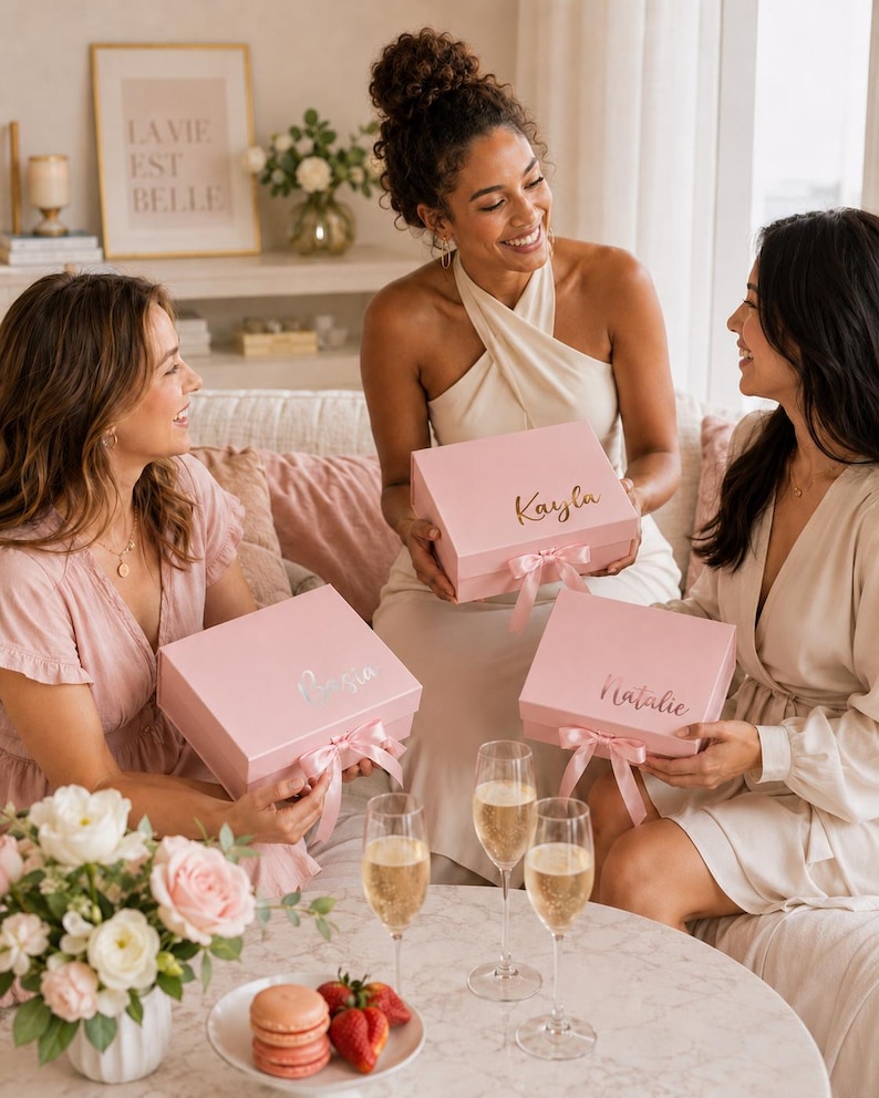 May include: Three women are gathered, each holding a pink gift box with a name on it. The boxes have matching pink ribbons. Champagne flutes and a plate of macarons and strawberries sit on a table. A framed print reads "La Vie Est Belle."